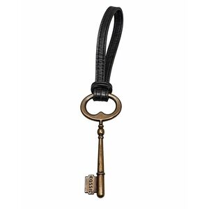 Fossil Vtg Antique Brass Skeleton Key Bag Charm Black Leather Strap Keychain Fob